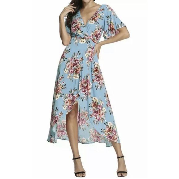Azalosie Women size M Blue Floral Faux Wrap Low High V-Neck Midi Dress 100%Rayon - Picture 1 of 13